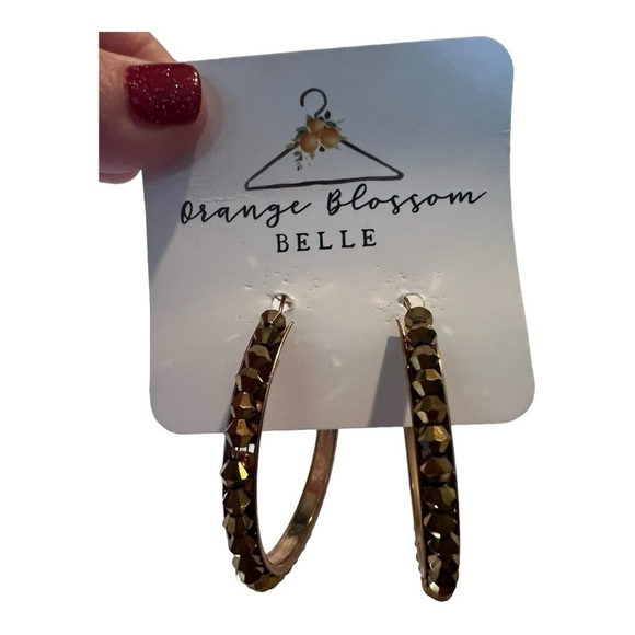 Boutique Bronze Gold 2” Large Rhinestone Hoops Earrings NEW - Picture 3 of 8